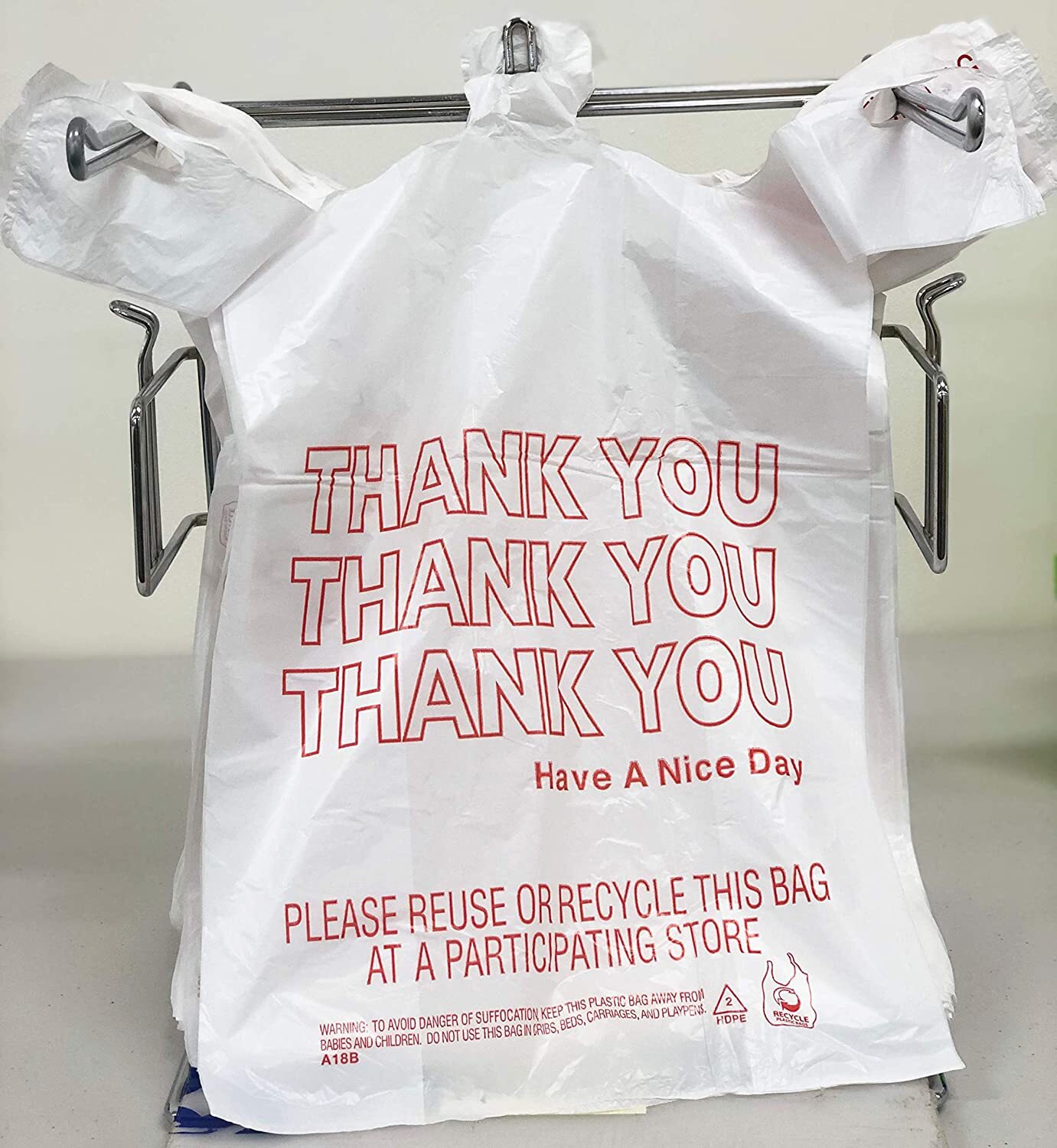 Bags 1/6 Large 21 x 6.5 x 11.5 «Thank You» T-Shirt Plastic Grocery Shopping Bags